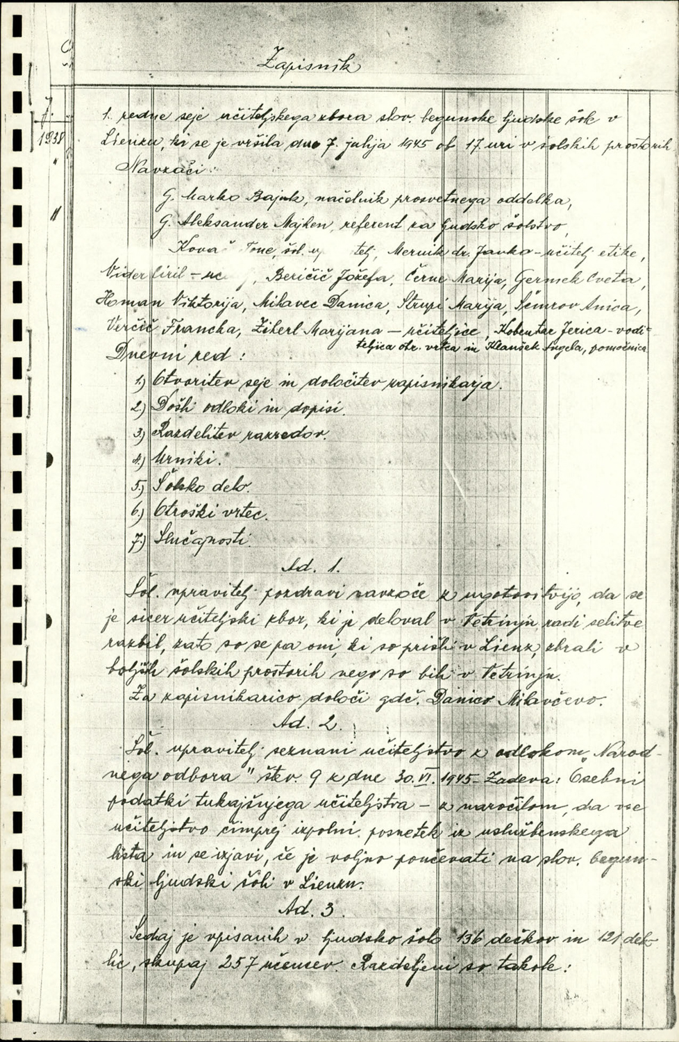 Zapisniki sej učiteljskega zbora Slovenske begunske ljudske šole Peggez-Lienz 1945-1946