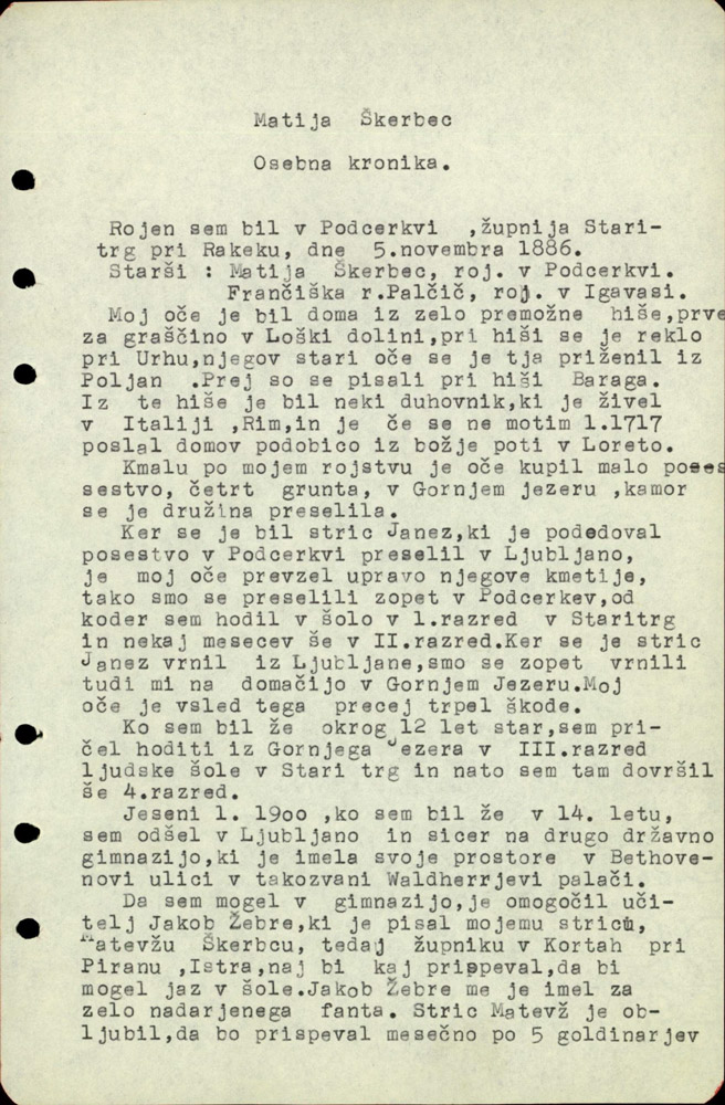 Matija Škerbec, Osebna kronika