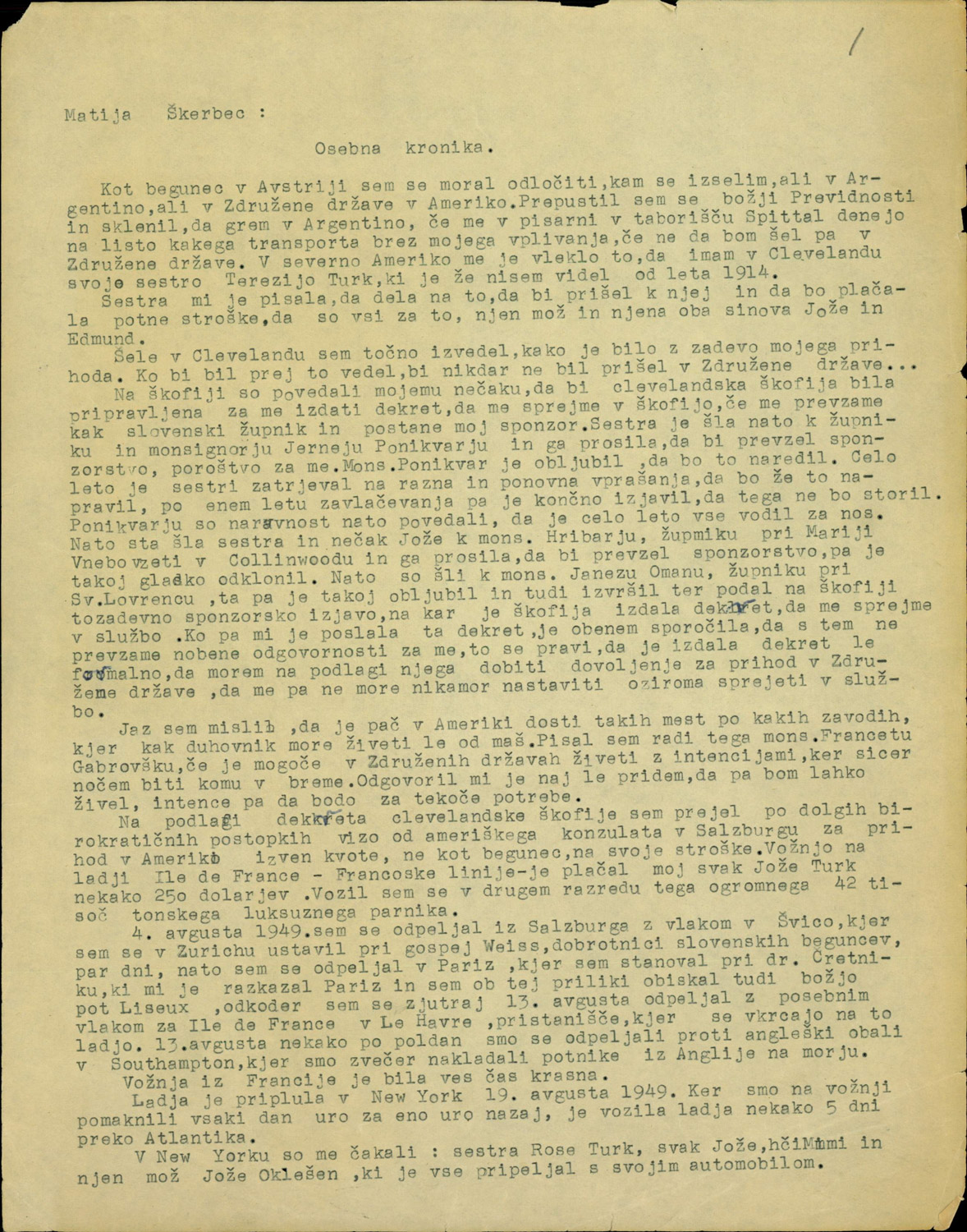 Matija Škerbec, Osebna kronika (1949–1957)