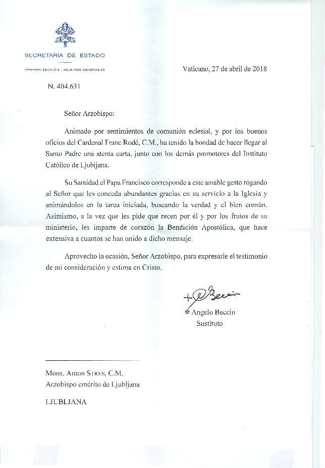 Prejeli smo papeževo pismo podpore!