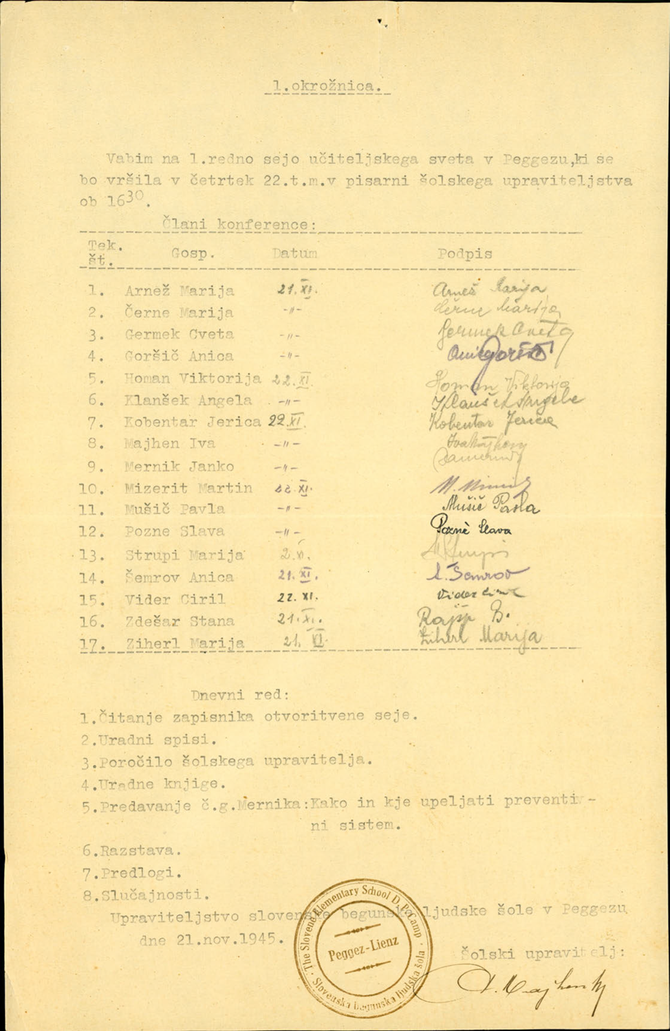 Okrožnice uprave Slovenske begunske ljudske šole Peggez-Lienz za šolsko leto 1945-1946